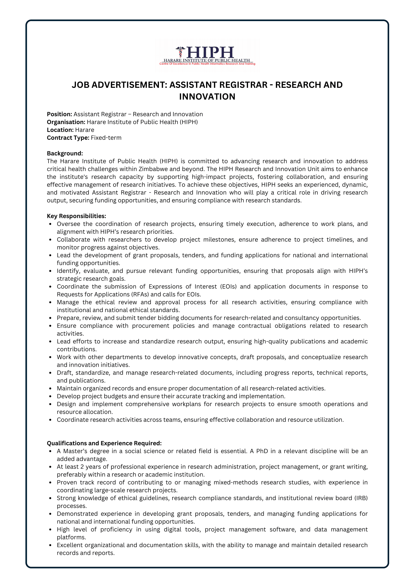 Job Vacancy : Assistant Registrar – Research and Innovation