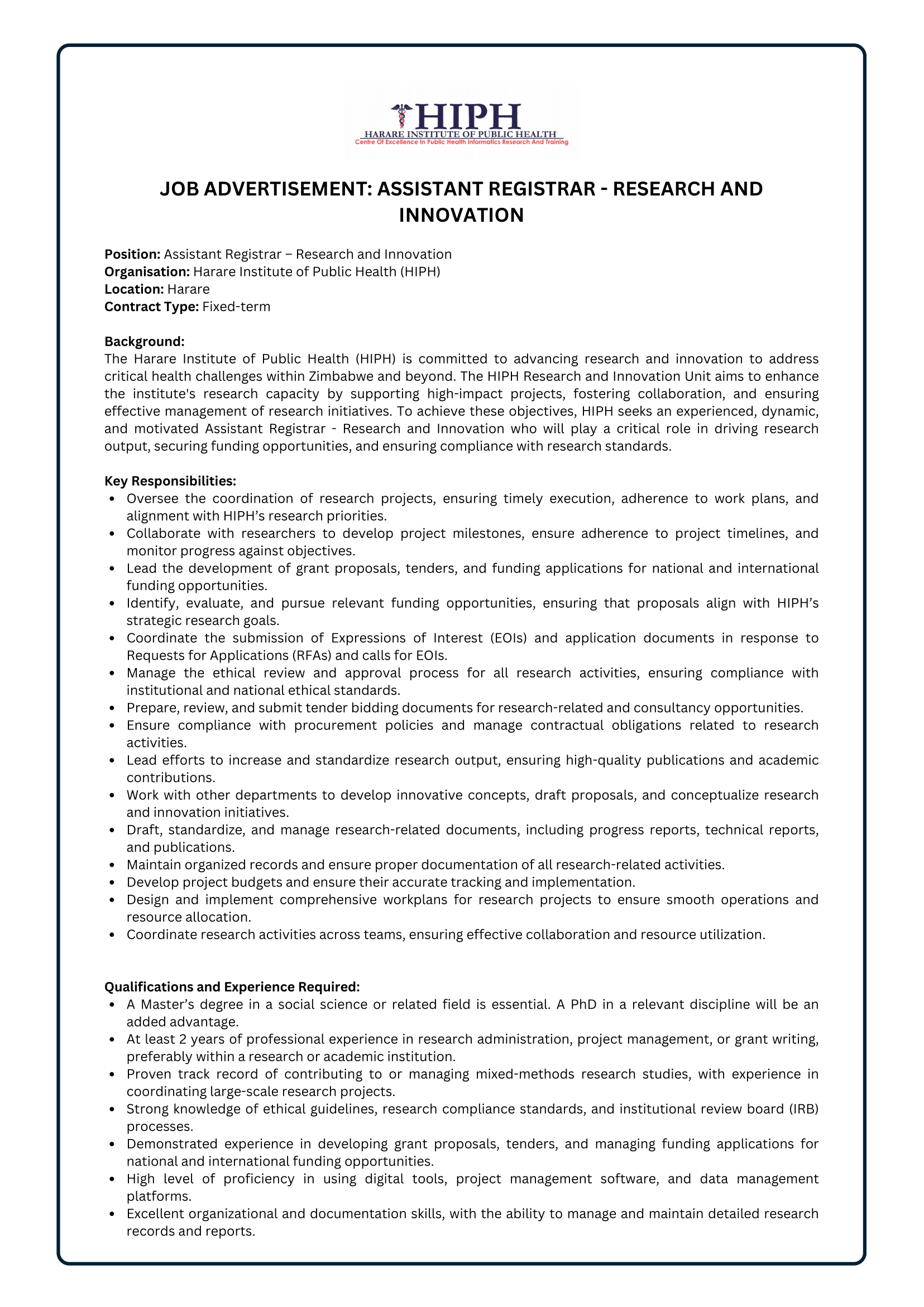 Job Vacancy : Assistant Registrar – Research and Innovation