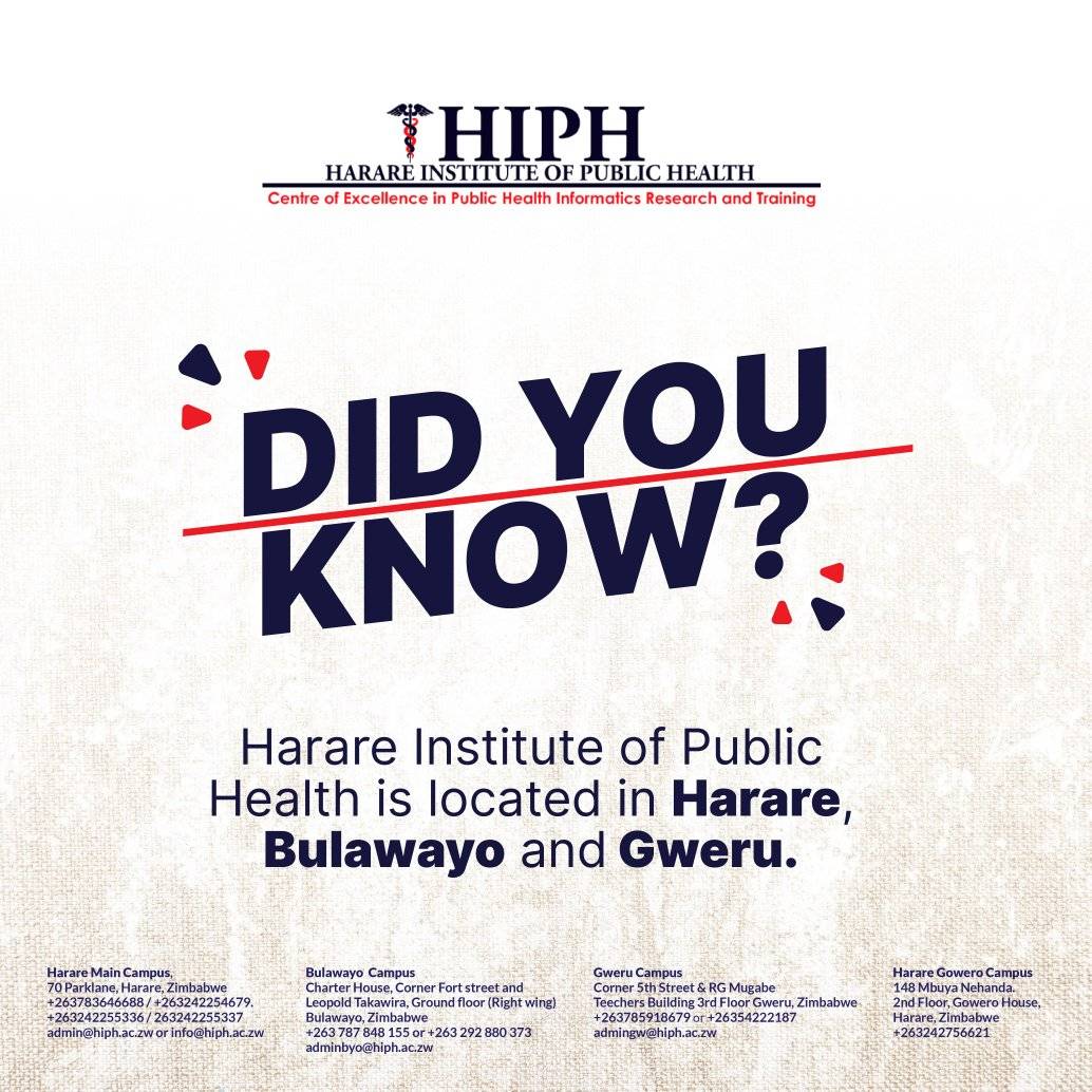 Did you know? Harare Institute of Public Health is located in Gweru , Bulawayo and Harare .